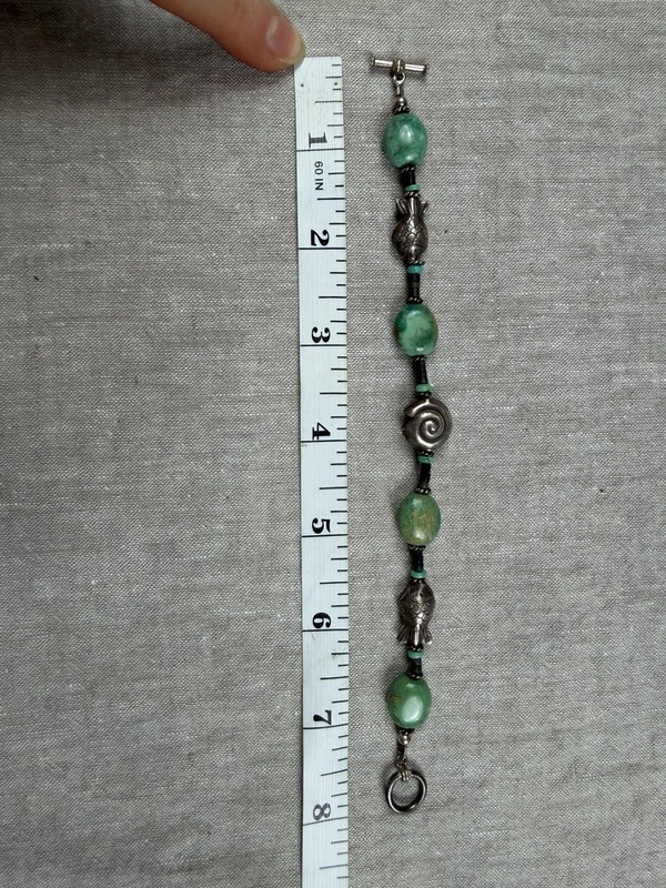 Green Turquoise & Sterling Silver Fish & Shell Beads Handmade Toggle 7"-7.5" gallery
