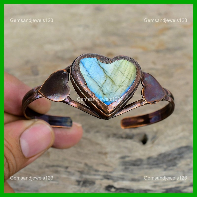 Labradorite Stone Handmade Bezel Electroformed Heart Mother Trendy Bangle Copper gallery