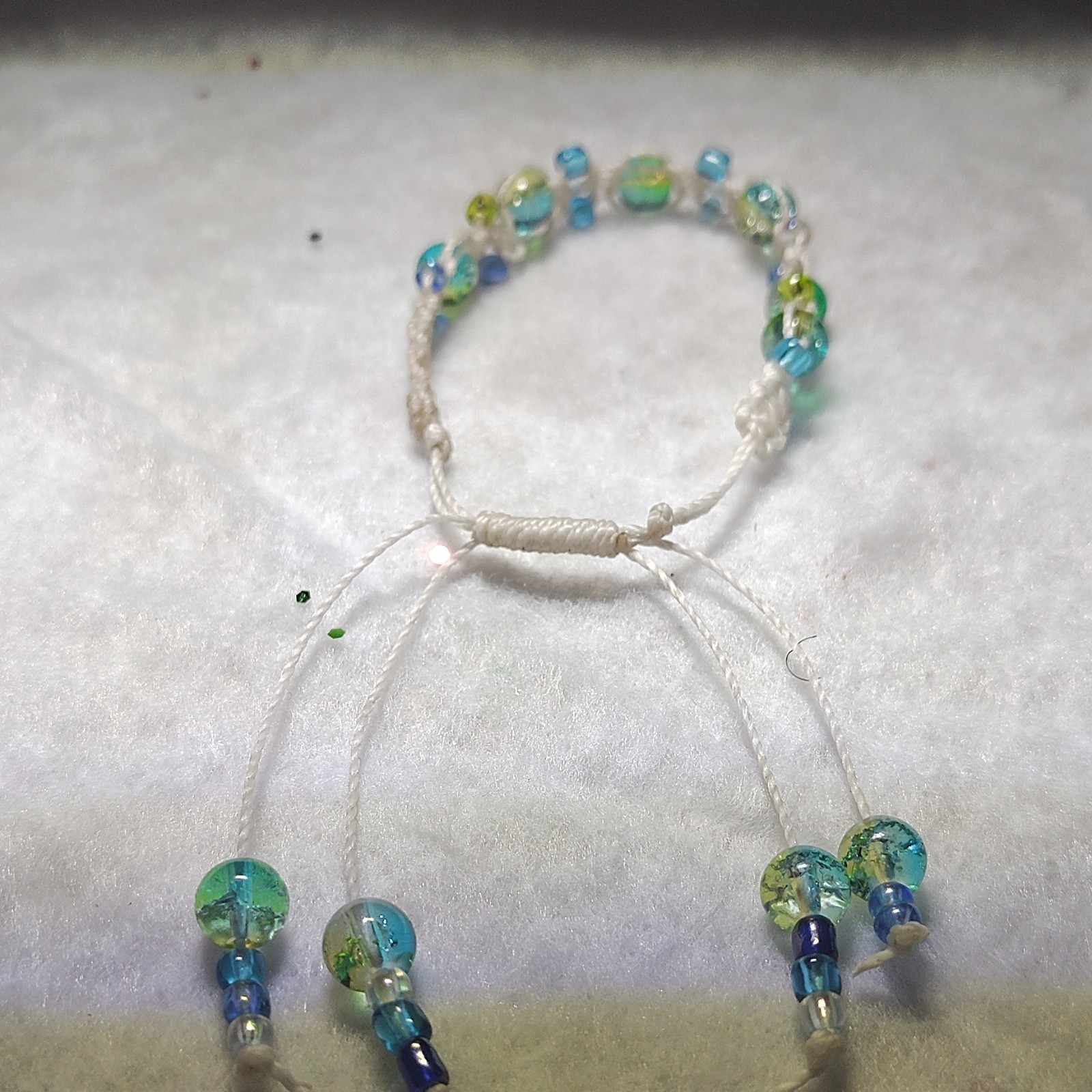 Glass Round Beaded Bracelet Adjustable Sliding Knot White Cord Blue Green gallery