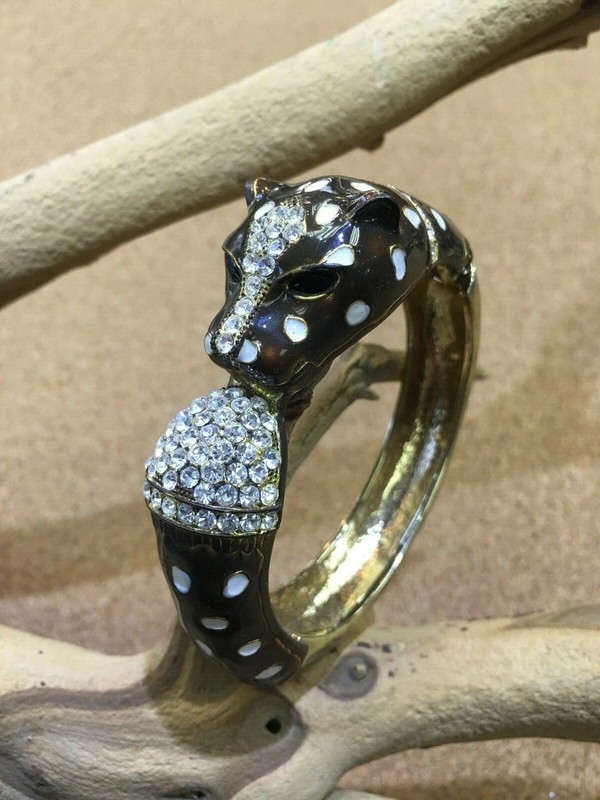 LEOPARD JAGUAR BANGLE CUFF SILVER TONE BRACELET BLACK ENAMEL SPARKLE RHINESTONE gallery