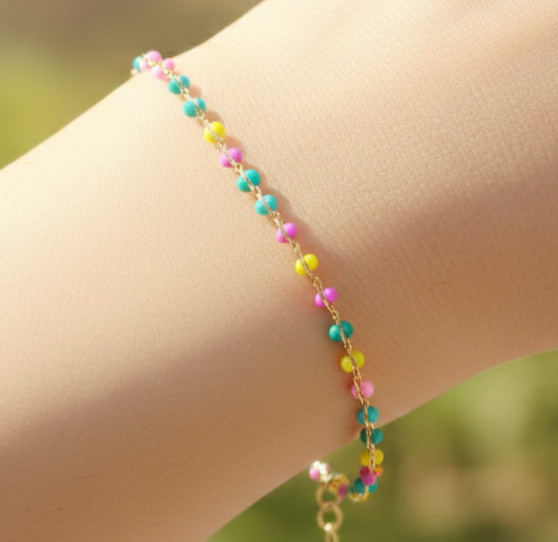 Gold Tone Bracelet 18K Gold Plated Multi-Color Beaded Boho Designer Bracelet