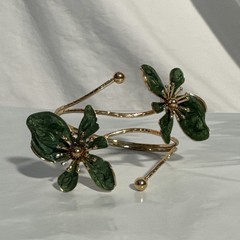 Green Enamel Floral Double-Ended Gold Tone Arm Cuff Bangle For Women New