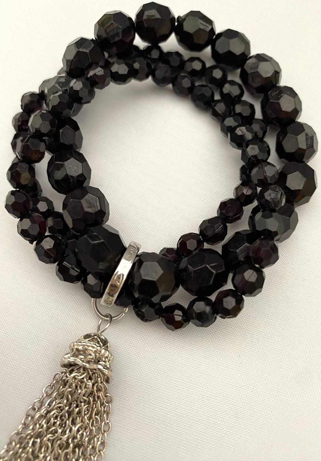 3 STRETCH BRACELETS BLACK FACETED BEADS SILVERTONE CHAIN TASSEL FREE SHIPPING gallery