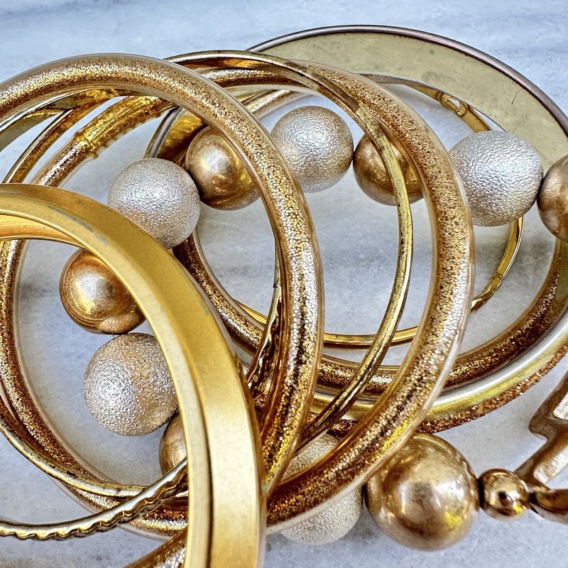 Gold Tone Bracelet Stack Mixed Material Metal Glitter Sparkle Matte Bangle Cross gallery