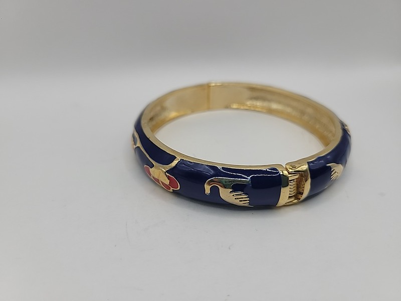 Vintage Blue Enamel Floral Hinged Bangle Bracelet Gold Tone Cloisonne' Style gallery