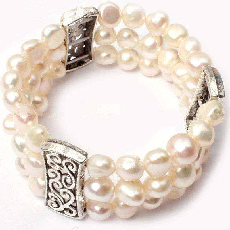 3 Rows 8-9mm Multicolor Freshwater Baroque Pearl Stretch Bracelet Bangle 7.5'' gallery