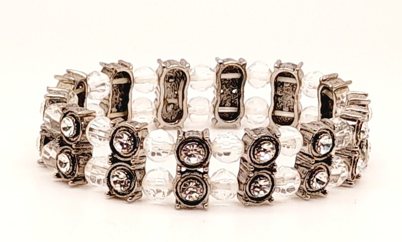 Boho Double Row clear bead Stretch Bracelet With in Antique Silver clear crystal gallery