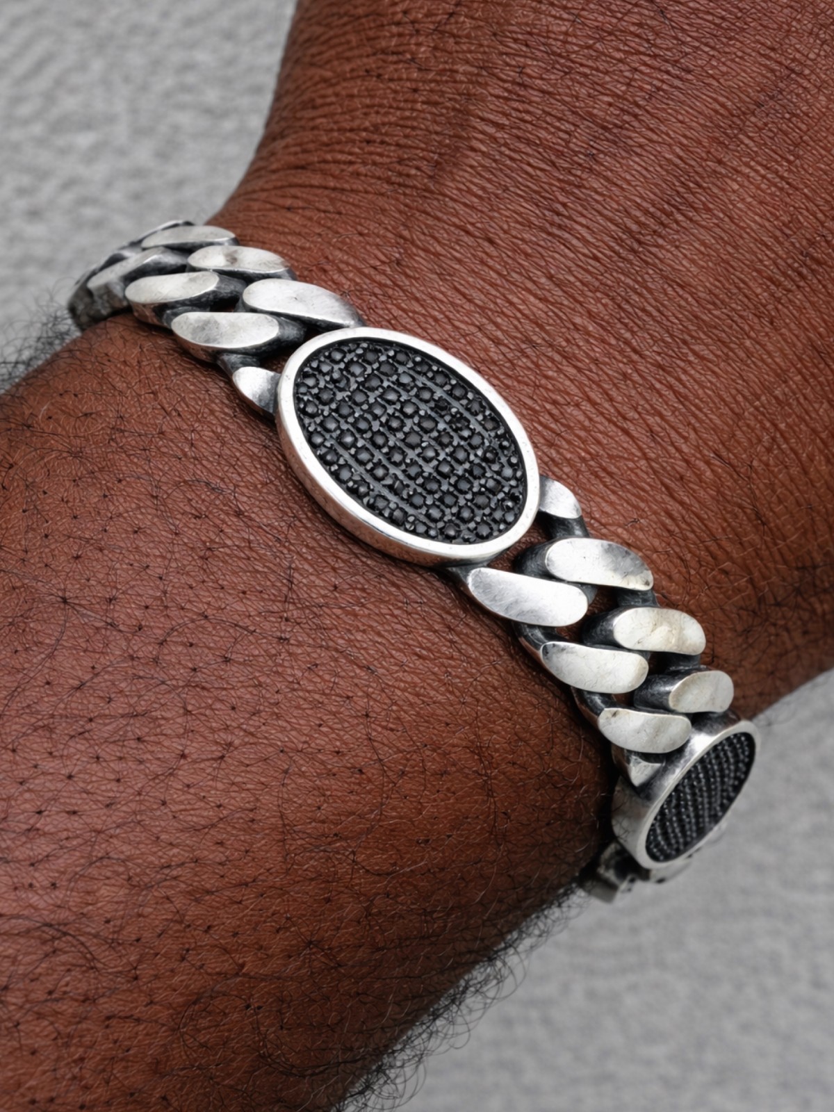 Real Mens Miami Cuban Link Bracelet W. Iced Black Stones 925 Sterling Silver gallery