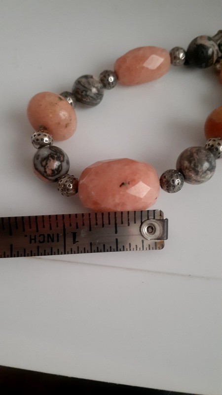 Rhodonite Pink Gemstone Chunky Silvertone Bead Bracelet. 9 In. gallery