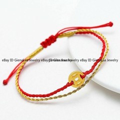 Real 999 24K Yellow Gold Bracelet 3D Craft Coin Bead Lucky Gold Red Cord Bangle