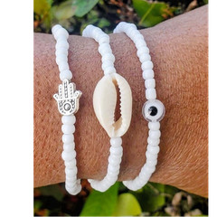 Handmade Orisha Obatala 3 pcs Bracelet Set Cowrie Shell Evil Eye Hamsa Hand