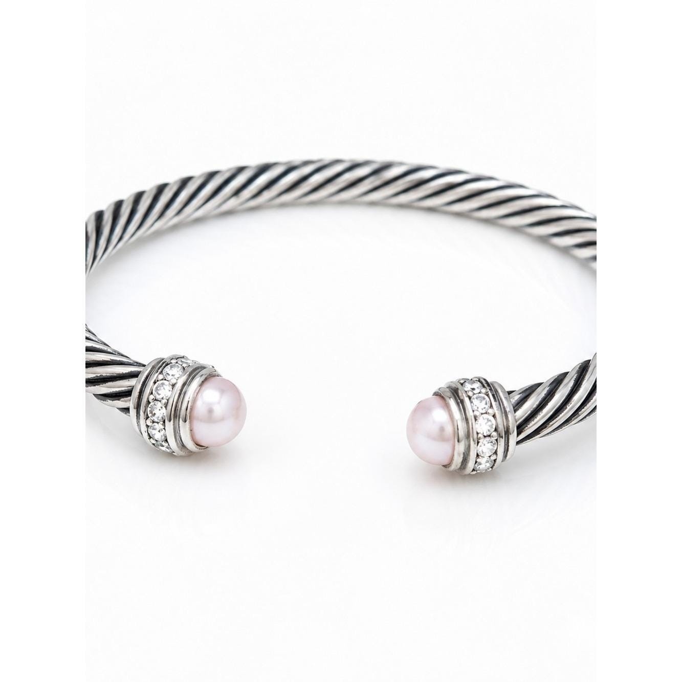 Silver Tone Cable Cuff Bracelet Pink Simulated Pearl Rhinestone Open Cuff Bangle gallery