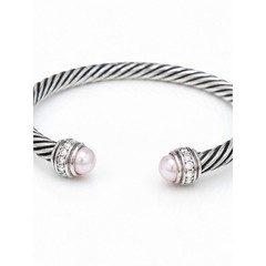 Silver Tone Cable Cuff Bracelet Pink Simulated Pearl Rhinestone Open Cuff Bangle