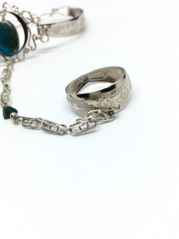 SILVER TONE Hand Bracelet Ring Etched Cuff Gemstone Stone Boho Festival gallery