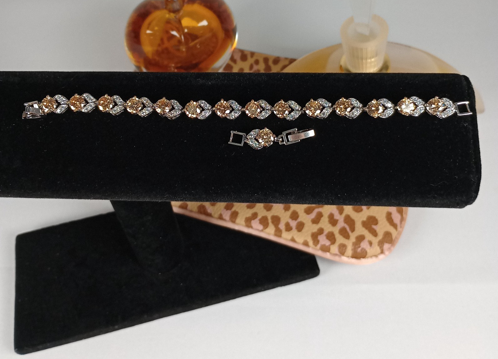 Silver Tone Champagne Rhinestone Tennis Bracelet 7" Elegant Formal Jewelry gallery