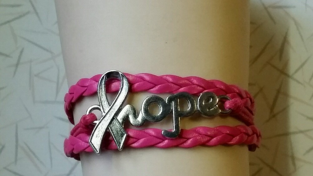 BREAST CANCER HOPE,LEATHER CHARM BRACELET- HOT PINK - 6 1/2" - 8 1/2" -#54