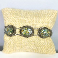 925 Sterling Silver JOY Mexico Vintage Dichroic Cabochon Glass Link Bracelet 7″