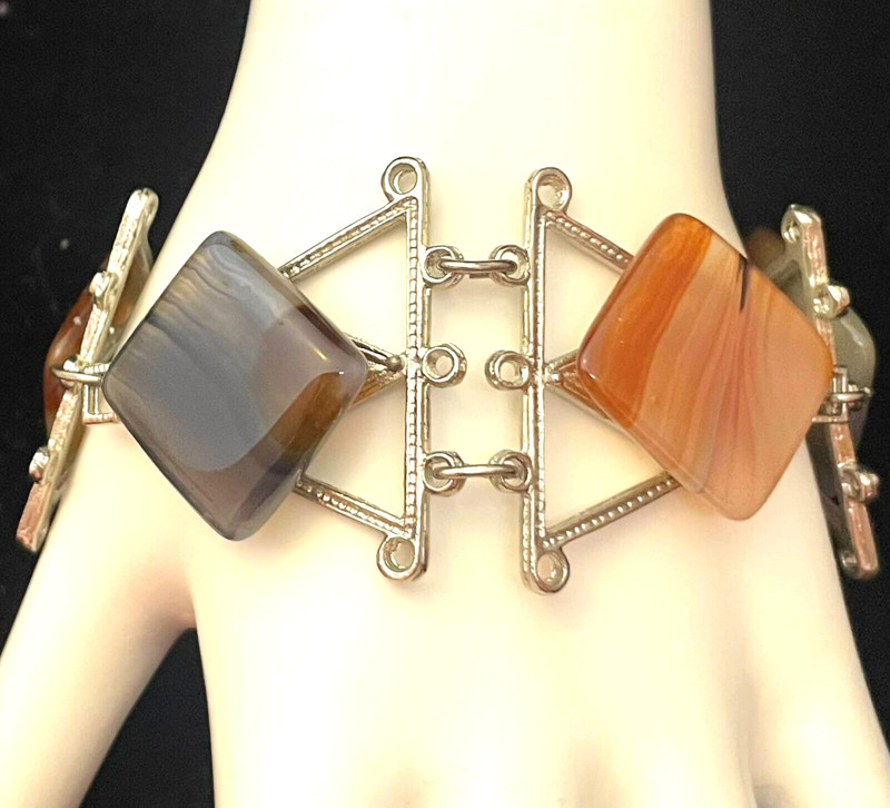 Polished Agate Rectangular Stones Bracelet Silver Tone Metal 7.5" Long Boho gallery