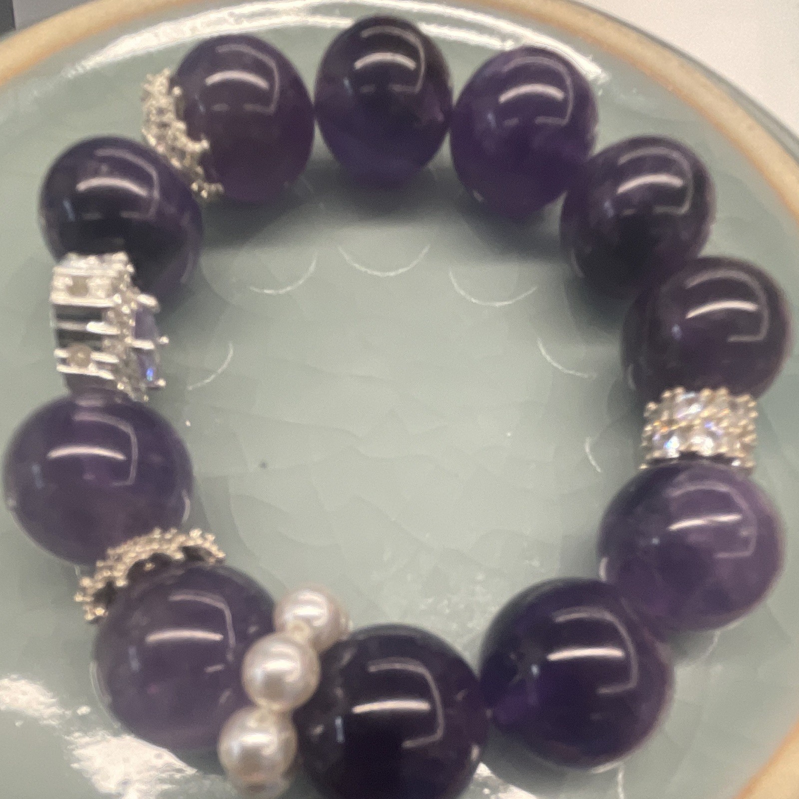 Purple Amethyst Beaded Stretch Bracelet w/ Rhinestone Spacers, Pearl Accents gallery