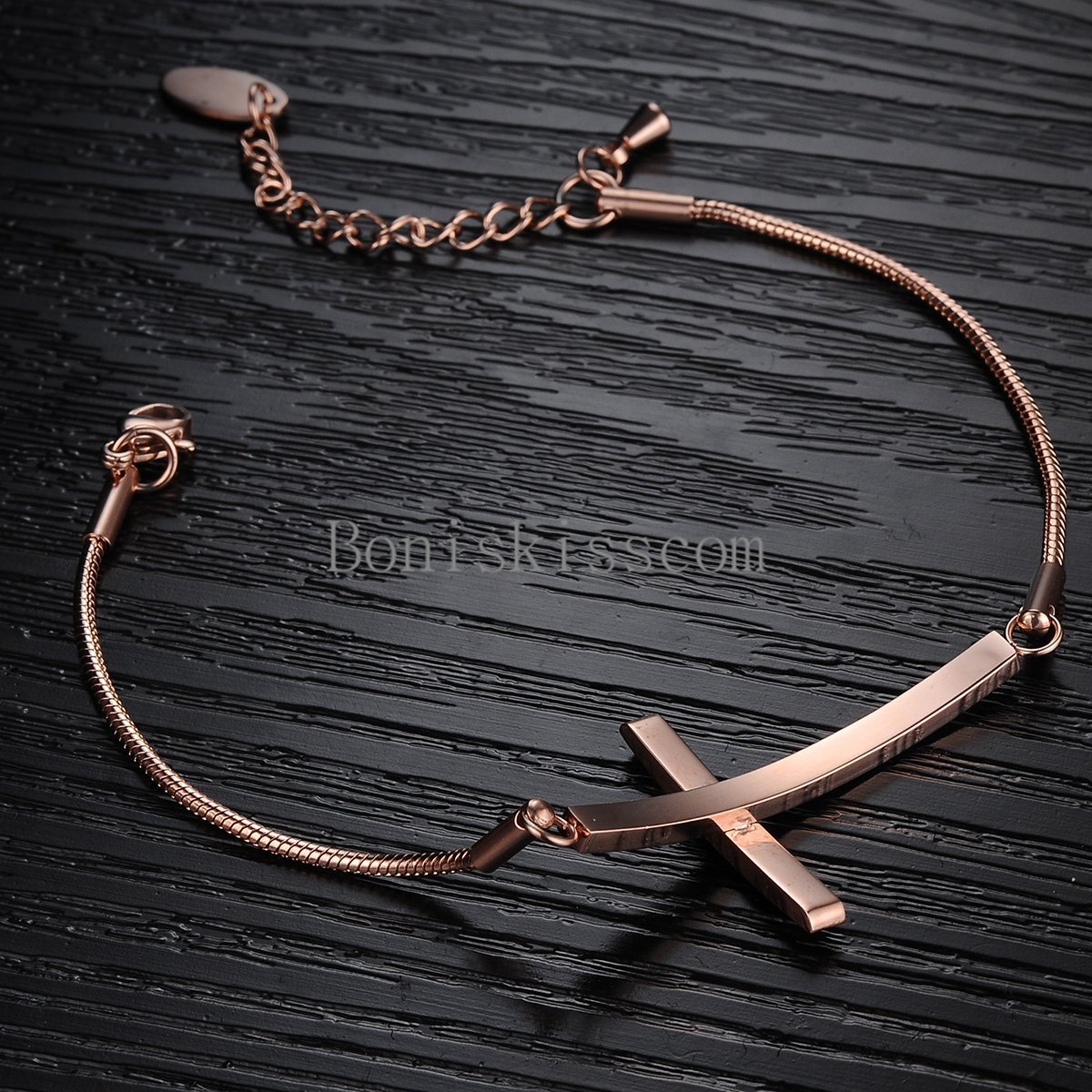 Rose Gold Tone Stainless Steel Snake Chain Sideways Cross Ladies Bracelet Gifts gallery