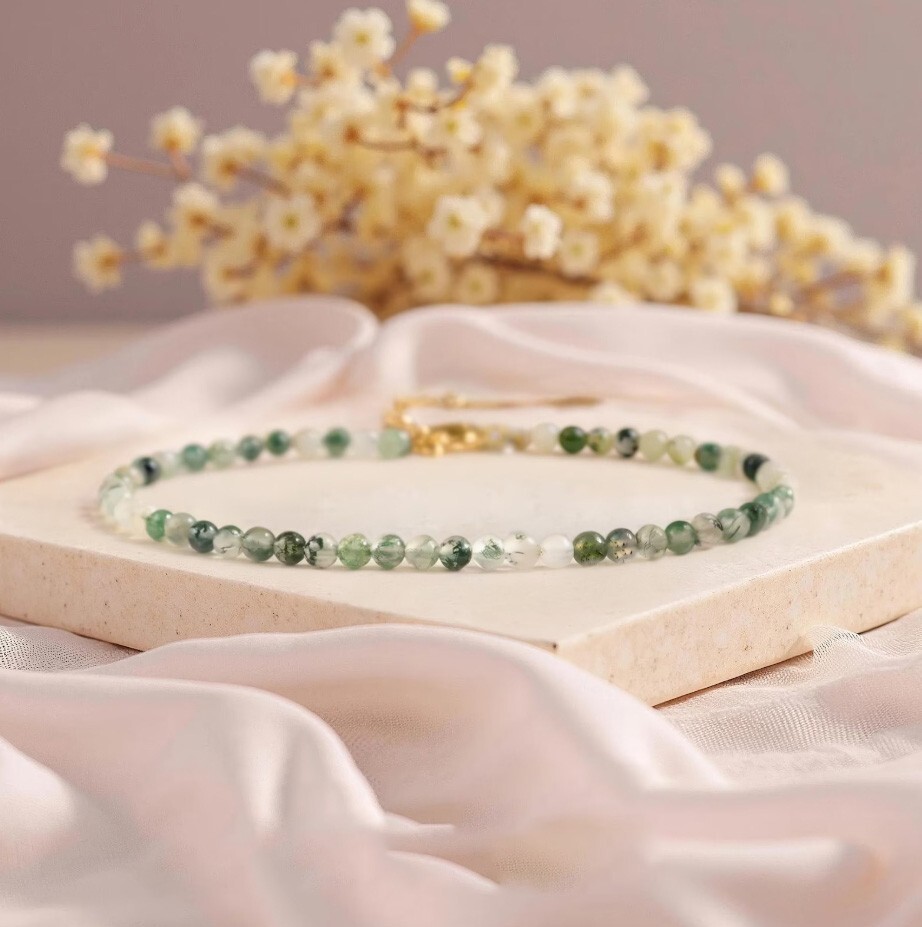 Moss Agate Crystal Gemstone Dainty Bracelet Minimalist Healing 3mm Round Beads gallery
