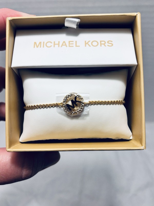 Michael Kors Gold Tone Brass MK Logo & Crystal Station Bracelet NWT & Box gallery