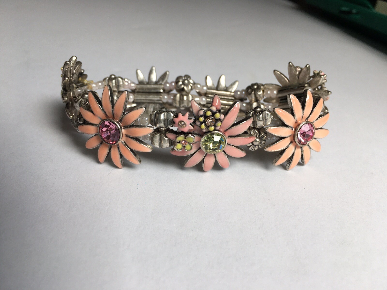 BRACELET Pink ENAMEL DAISY FLOWER CRYSTALS Pilgrim Silver Plated Denmark Stretch gallery