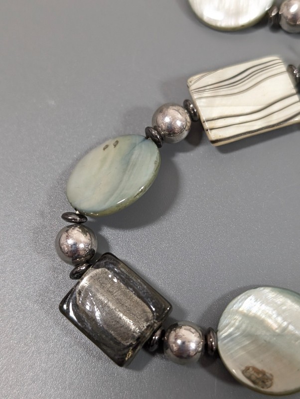 Set of 2 Gray Dichroic Glass Square Round Shell Stretch Bracelets Boho Coastal gallery