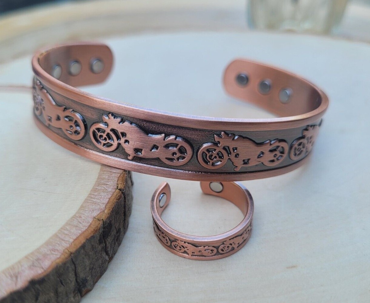 Solid Copper Magnetic Bracelet Ring Set Arthritis Cuff Ring Set Motorcycle gallery