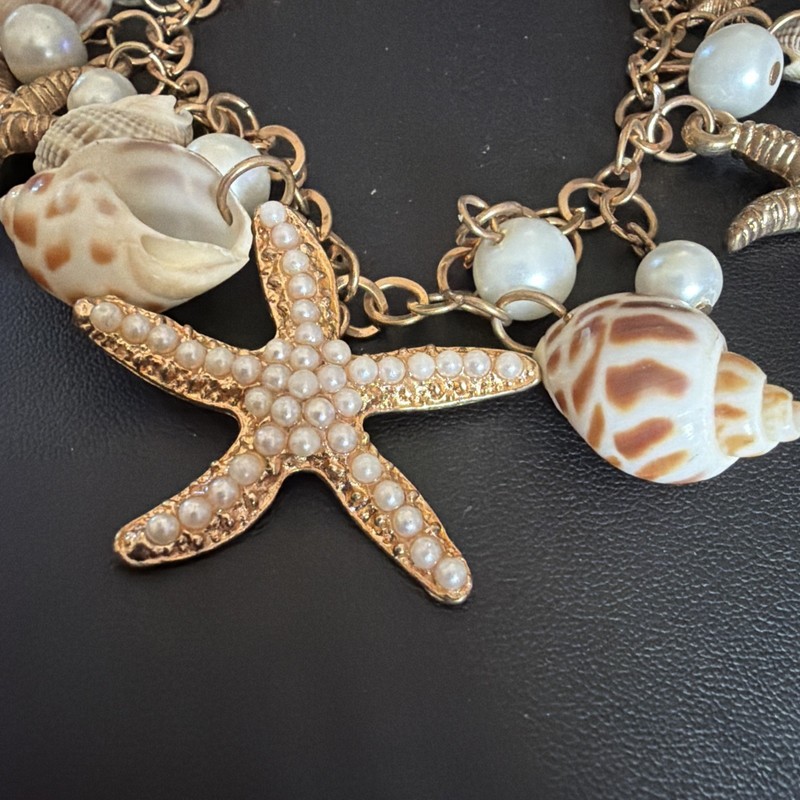 Starfish Seashell Bracelet Faux Pearls Nautical Statement Jewelry Beach Charms gallery