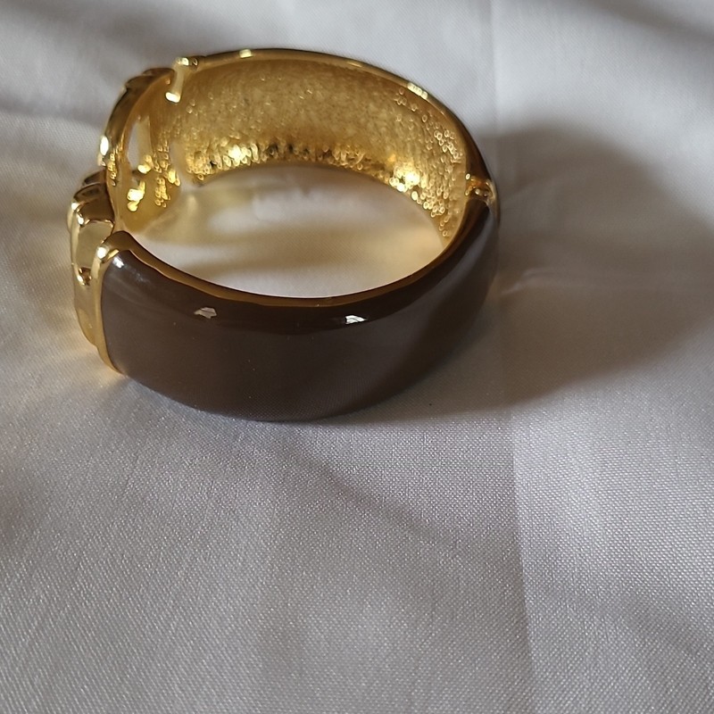 Gold & Brown Hinged Bangle Cuff Bracelet, Gold Tone Brown Enamel, No Stone gallery