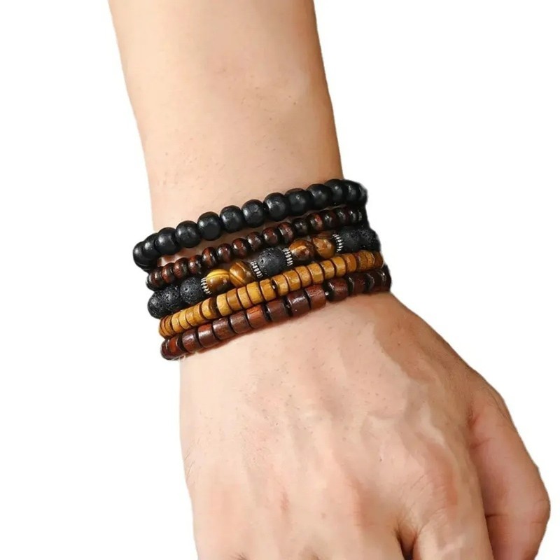 Vintage Faux Leather Tiger Eye Moonstone Bracelet Set 12PCS Boho Woven gallery