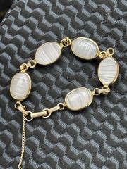 Gold Tone Oval Link Bracelet w/ White Mother of Pearl, Adjustable Lobster