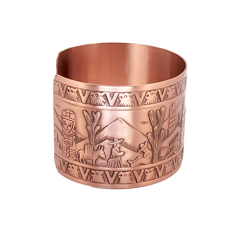 Solid Copper Adjustable Cuff Bracelet with Embossed Mexican Motif Antique Finish gallery