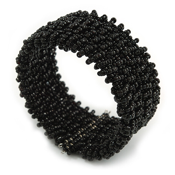 Trendy Black Glass Bead Flex Cuff Bracelet - Adjustable gallery