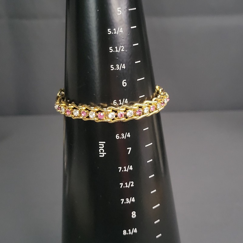 Womens Gold Tone Pink Clear Crystal Caged Tennis Fashion Bracelet 6 1/2 in gallery