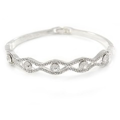 Rhodium Plated Clear Crystal ‘Eye’ Bangle Bracelet – 18cm L