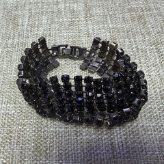 Black Rhinestone Chain Bracelet, Square-Cut Black Stones, Rhinestone Material
