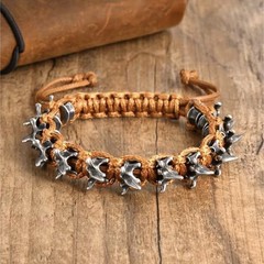 Men’s adjustable brown cord and metal punk beaded bracelet, handmade.