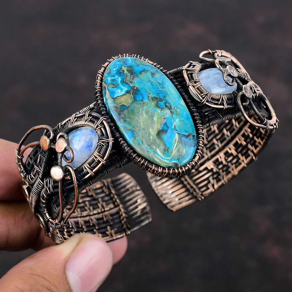 Memorial Day Deal Chrysocolla Stone Rainbow Moonstone Wire Wrapped Bangle Copper