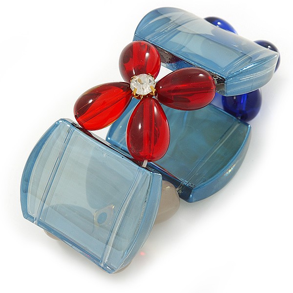 Blue, Red, Cream Floral Resin Stretch Bracelet - up to 20cm L