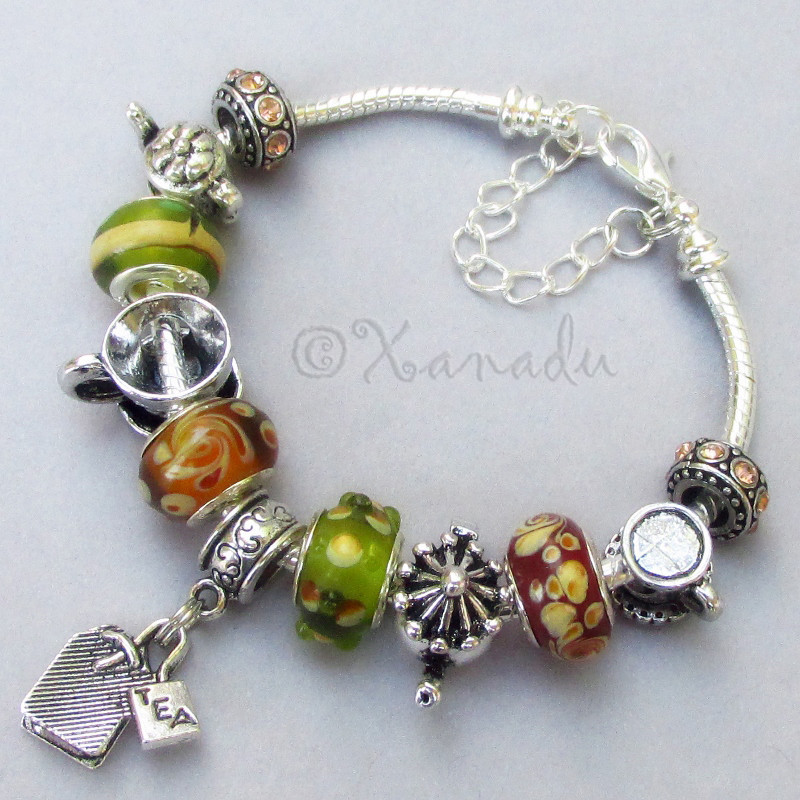 Colors Of Tea European Charm Bracelet - Green, Red, Gold Beads With Tea Charms