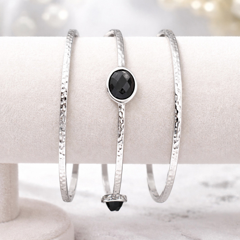 Stainless Steel Silver Womens Tarnish-Free Bangles Set of 3 Black Stone Accent gallery