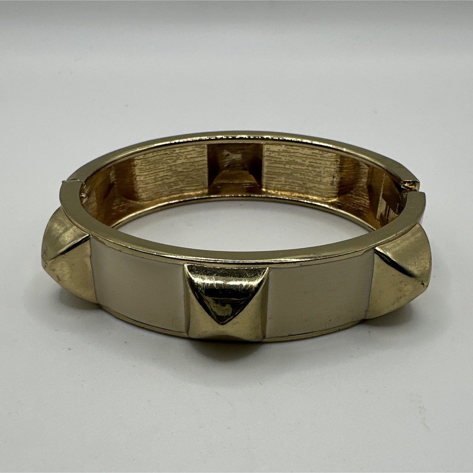VTG Gold Tone Metal Hinged Bangle Bracelet Geometric Studded Accents, Enamel gallery