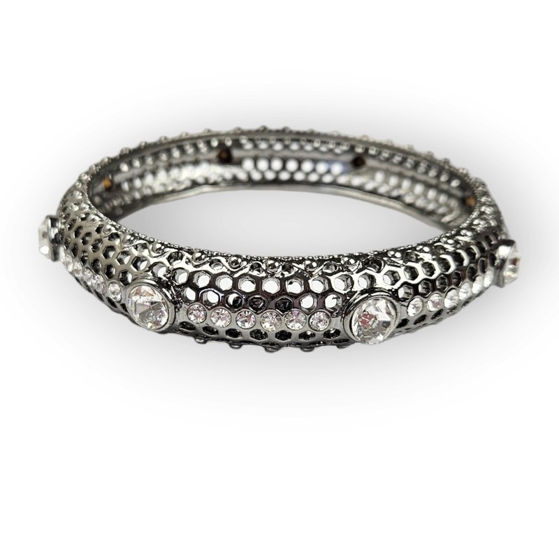 Rhinestone Bangle Bracelet Chunky Perforated Dark Silver Tone Curved ~9" Around gallery