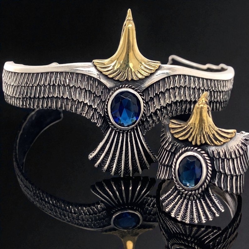 925 Sterling Silver Winged Blue Stone Cuff Bracelet & Ring Set