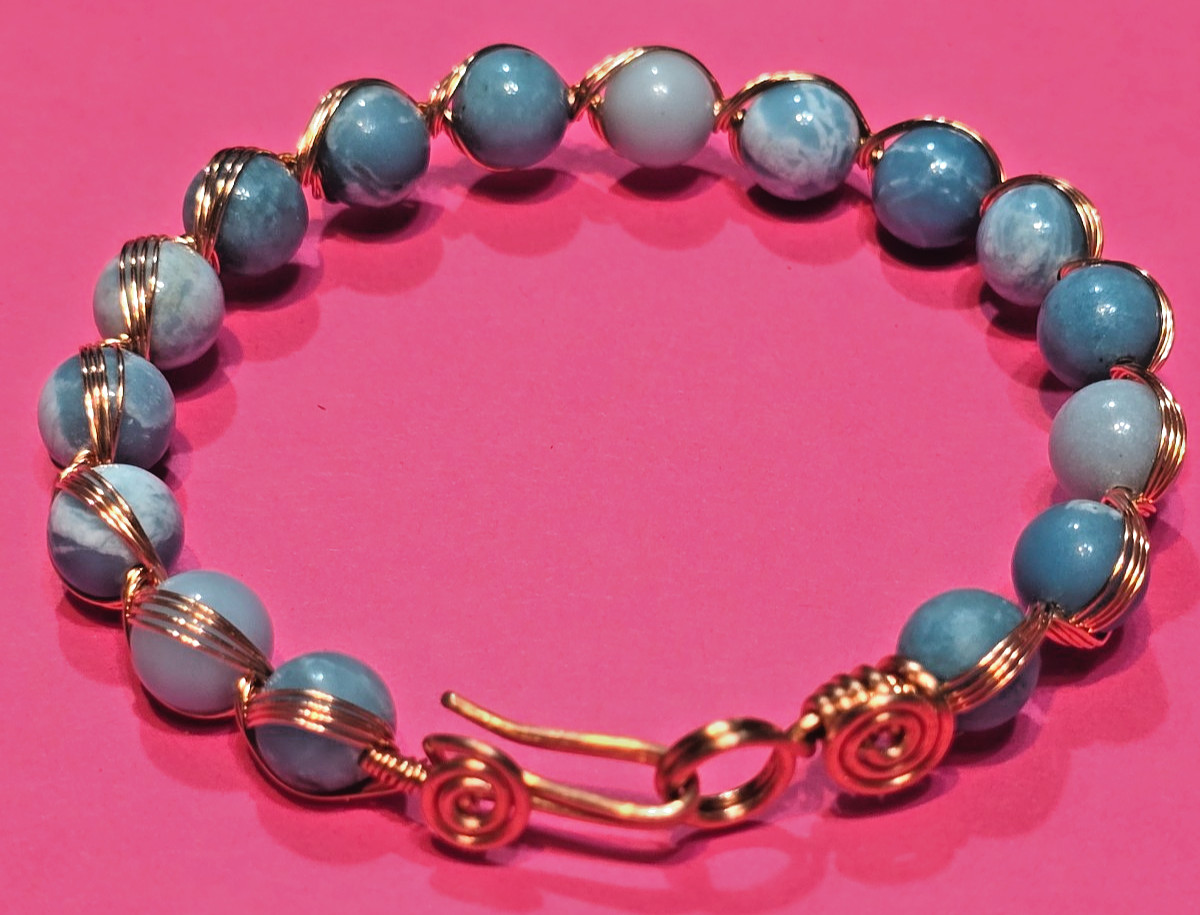 Copper Wire Wrap and Quartz Larimar Colored Gemstone Bead Bracelet gallery