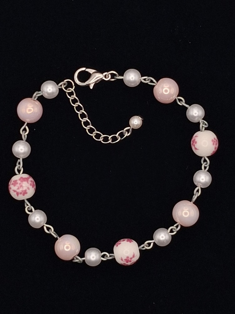 Pink Floral Beaded Bracelet White Faux Pearl Silver Tone Link Coquette Aesthetic