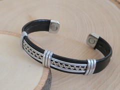 Solid Copper Leather Wrapped Magnetic Bracelet Energy Pain Silver Zig Zag