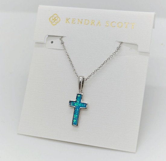 New Kendra Scott Cross Silver Pendant Necklace in Blue Periwinkle Opal gallery